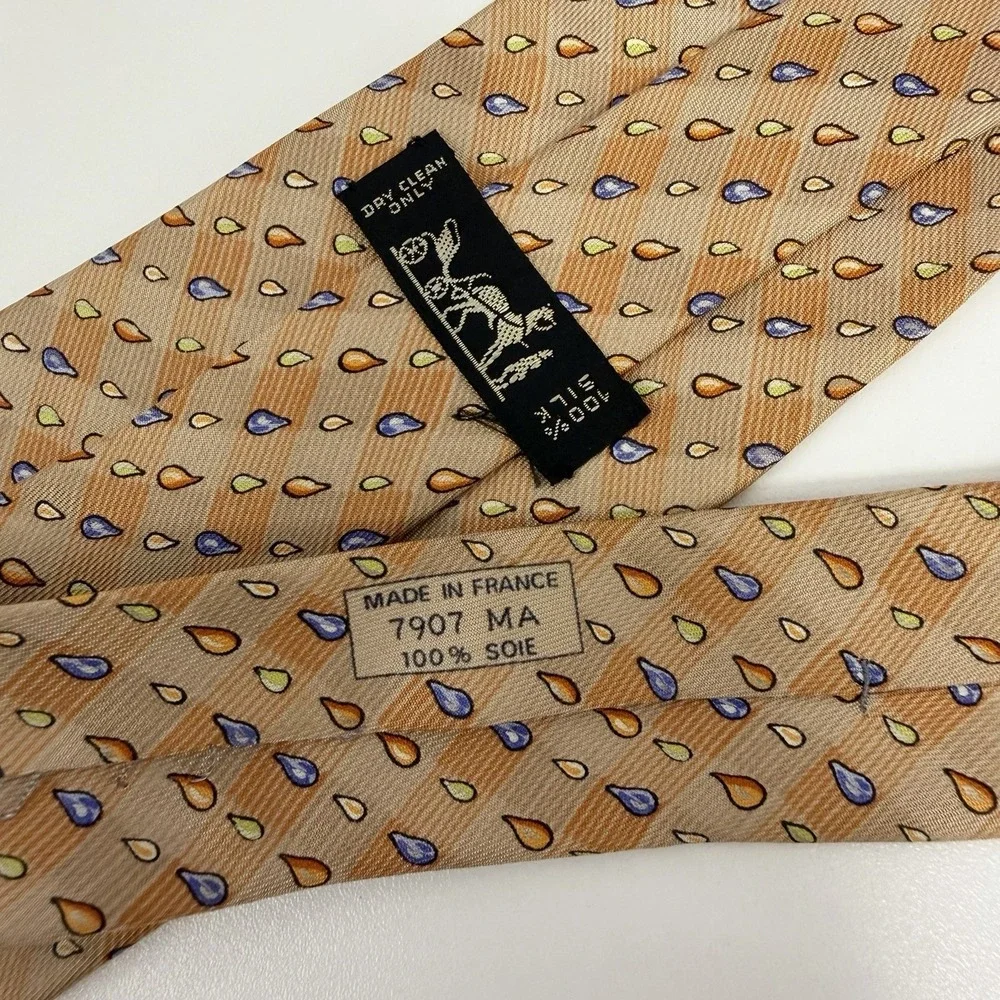 Hermes Mens Tie Rain Drops Orange 100% Satin Silk 7907 MA 3.5